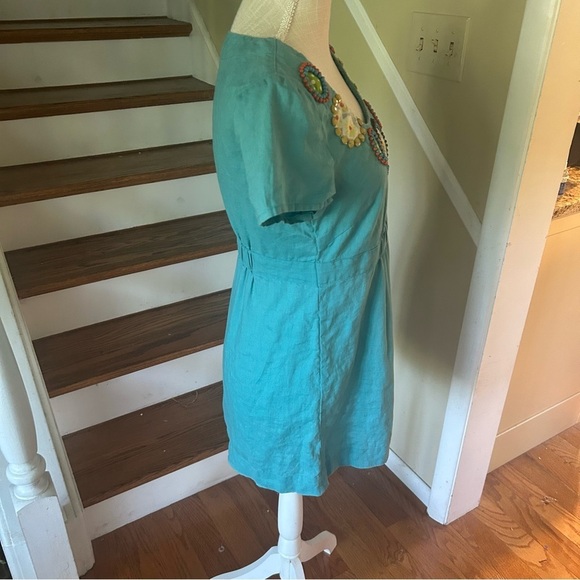 Boden Women’s Blue 100% Linen Tunic Boho Embellished Elastic Waist Beaded Sz 6 - Picture 2 of 11